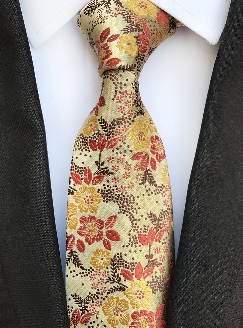 Secdtie Men's Yellow Orange Brown Ties Floral Woven Silk Classic Formal Necktie - Image 2